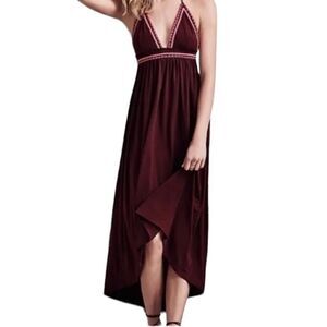 Express high low tie boho halter dress in maroon with pink crochet details XS